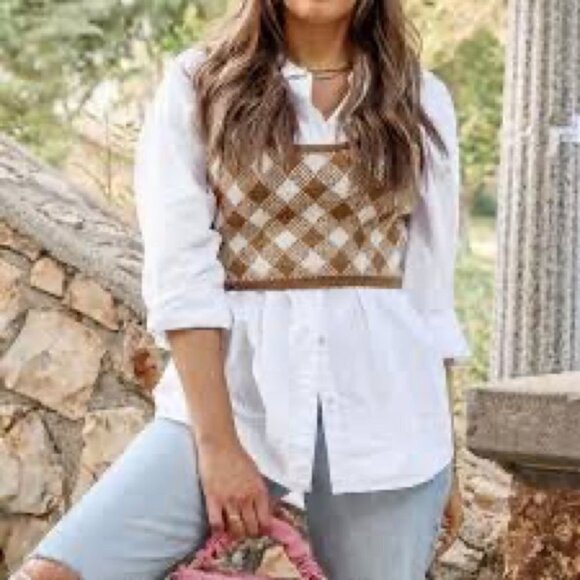 H&m Tan Wool Alpaca Blend Cropped Sweater Vest Size L - Picture 8 of 9